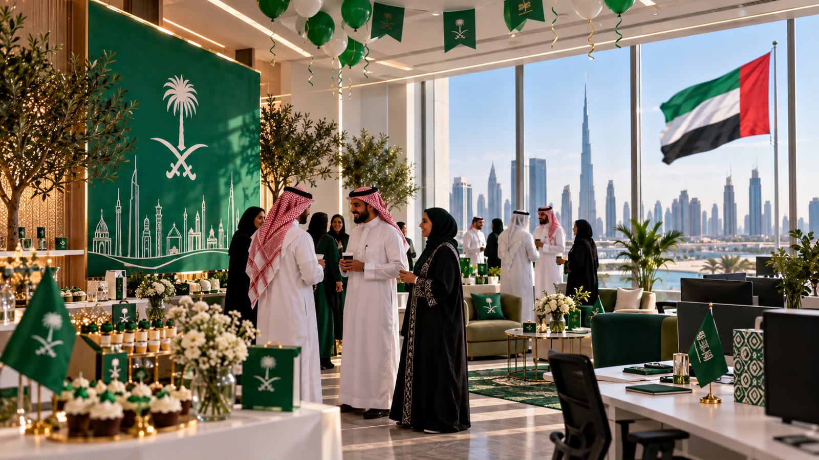 Saudi National Day office decorations in green and white