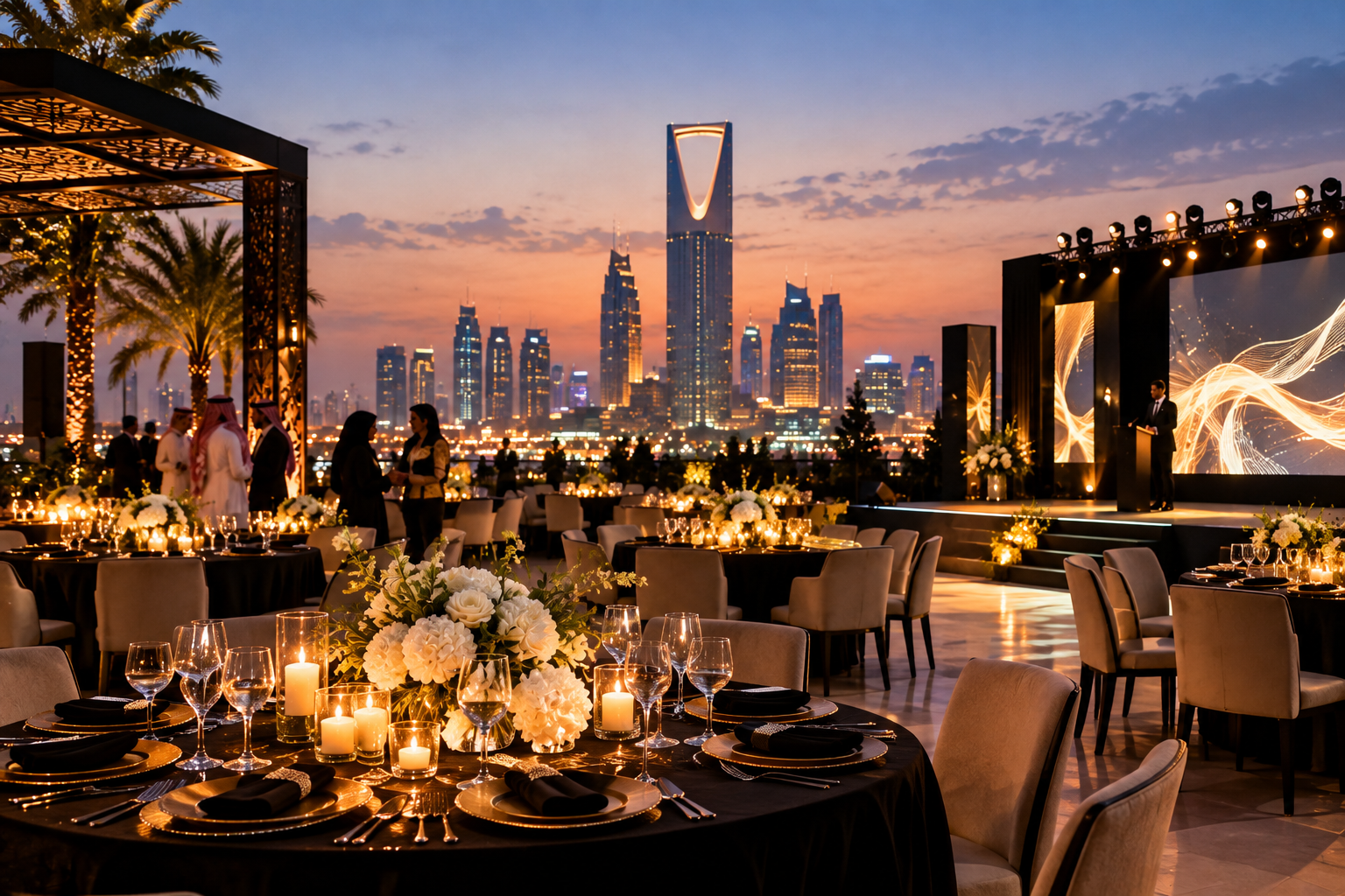 Corporate gala dinner setup in Riyadh with elegant stage lighting and guest tables