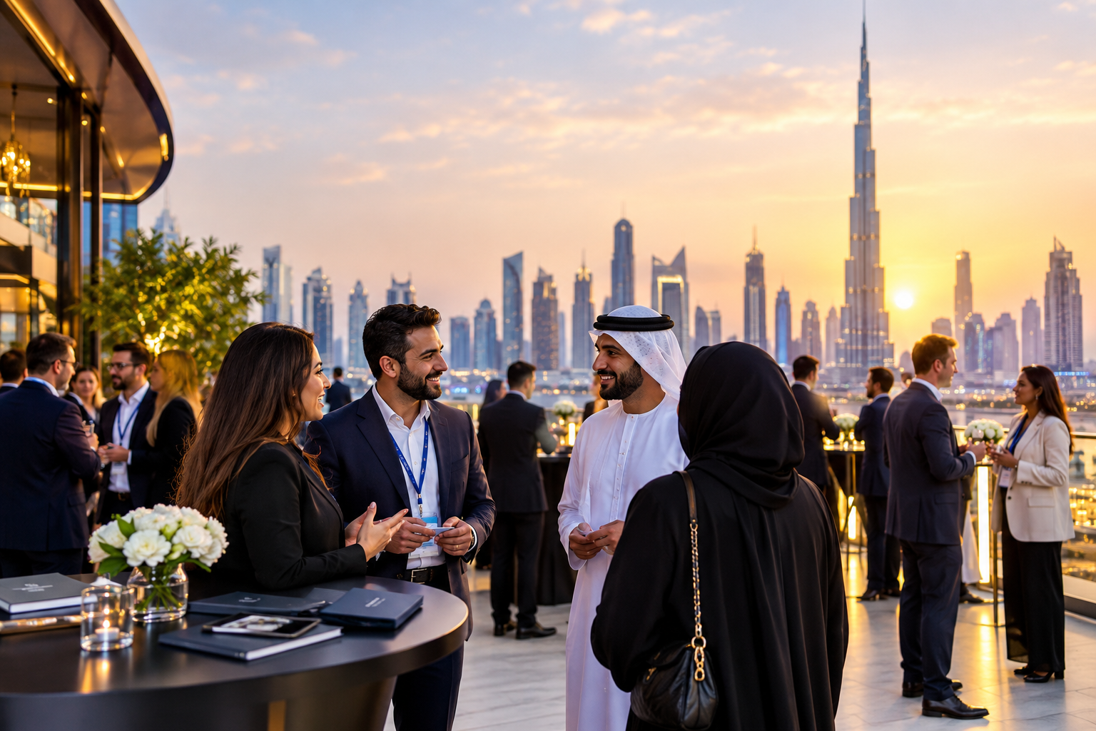 Business professionals networking at a corporate event in Dubai
