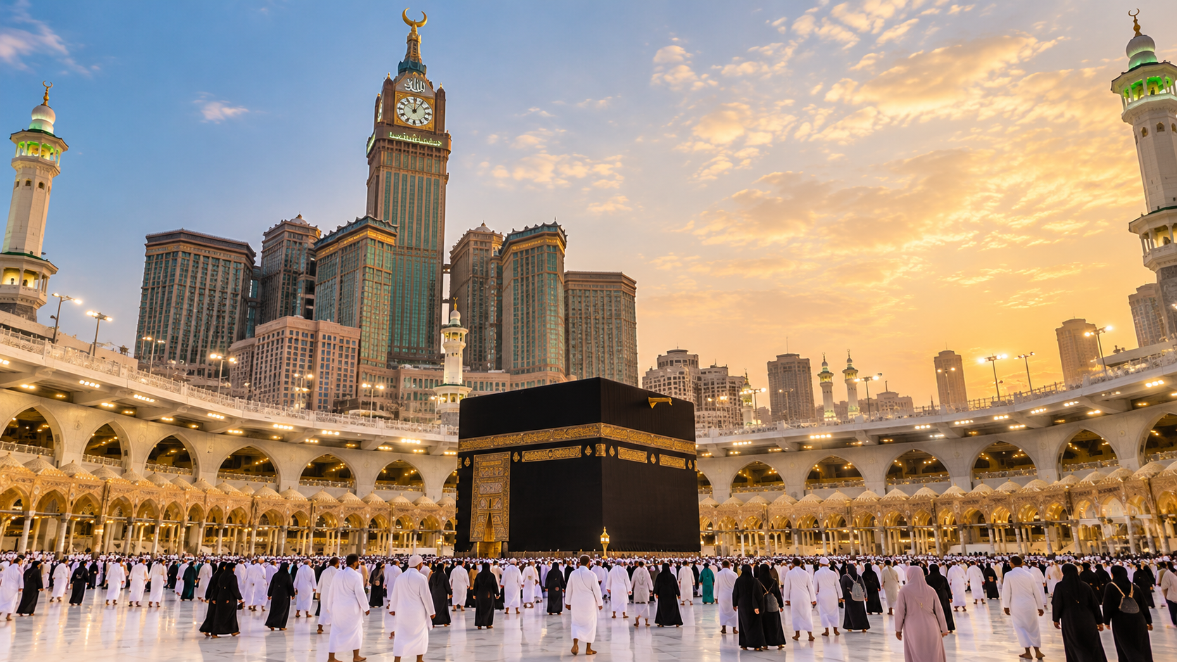 more short Kaaba at Masjid al-Haram in Makkah with pilgrims at sunset.