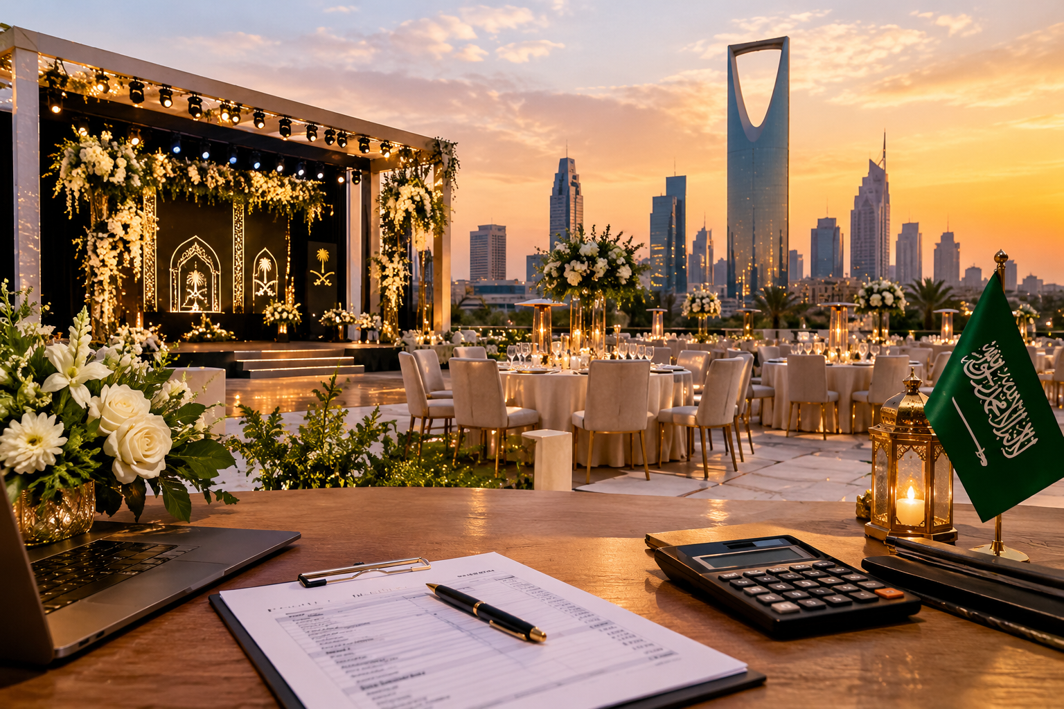 Event planners reviewing an itemised budget proposal for top event management companies in Saudi Arabia