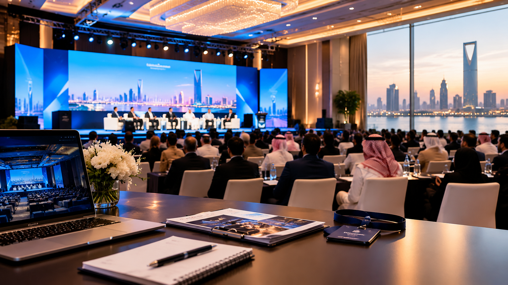 Large corporate conference setup with stage and delegate seating in Jeddah